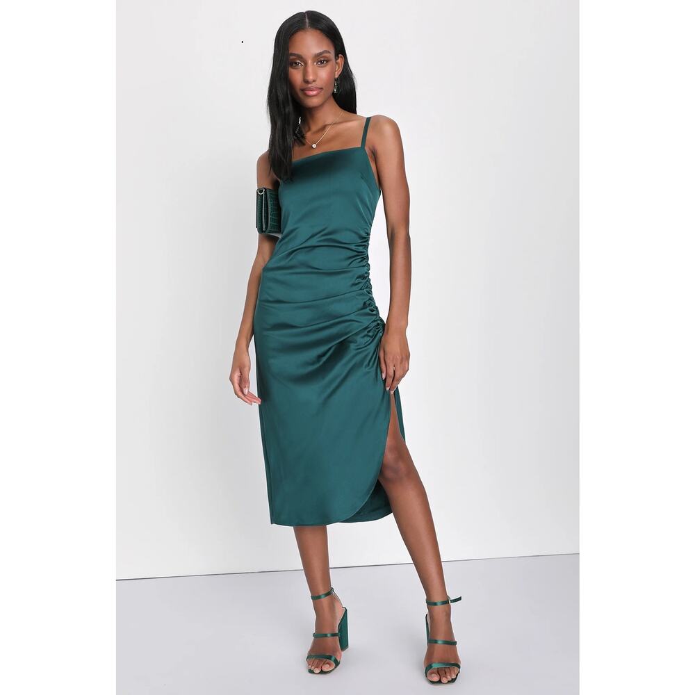 NWT - Lulus Bonafide Babe Emerald Satin Sleeveless Ruched Midi Dress!- Size S